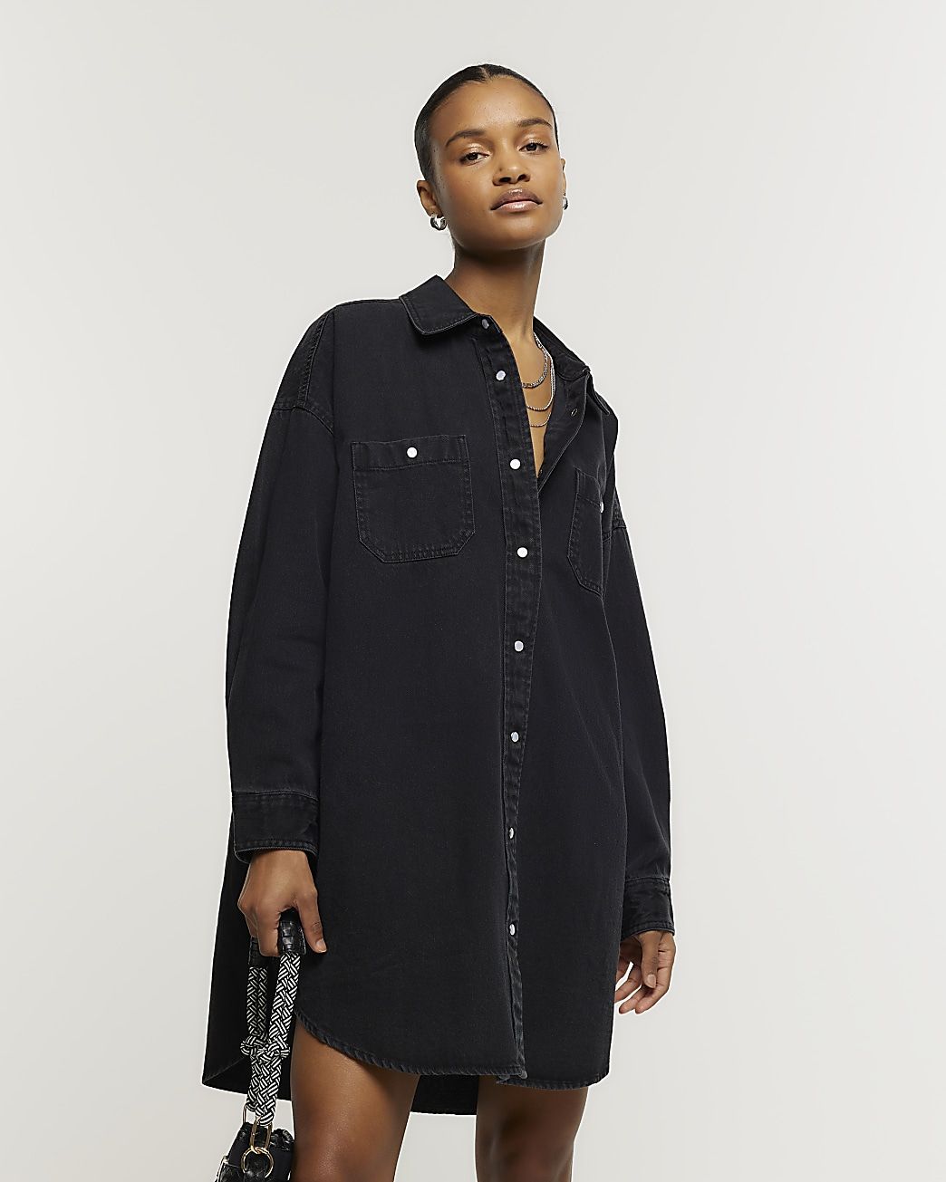 Black denim oversized mini shirt dress | River Island (UK & IE)