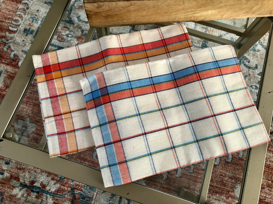 Two Large Vintage Cotton Napkins, Plaid Orange Blue Cloth Napkins, Kitchen Dinner Cloth Napkins, ... | Etsy (US)