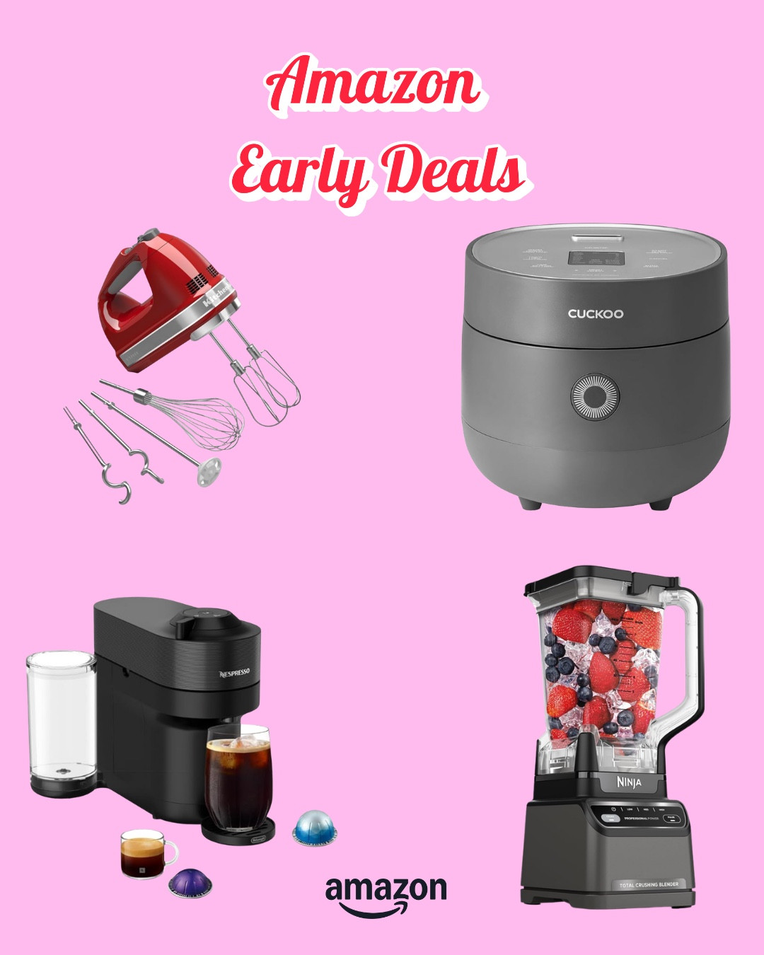 Amazon Early Deals: Score some amazing kitchen deals!

The Ninja Blender is perfect for smoothies, drinks, and more!

The Nespresso machine makes the perfect espresso to start your day.

The KitchenAid Mixer is a game changer for any kitchen!

Lastly, the Cuckoo Rice Cooker makes perfect rice every time.

#AmazonKitchenDeals
#AmazonEarlyDeals
#KitchenEssentials

#LTKSaleAlert