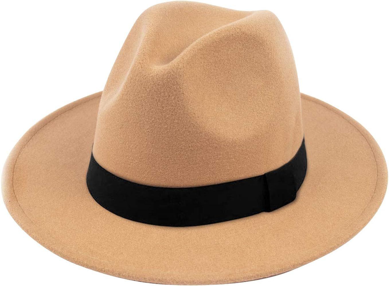 Women Wide Brim Warm Wool Fedora Hat Retro Style Belt Panama Hat | Amazon (US)