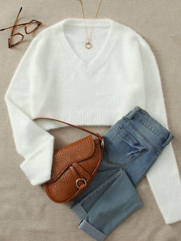 SHEIN EZwear V-neck Fuzzy Crop Sweater | SHEIN