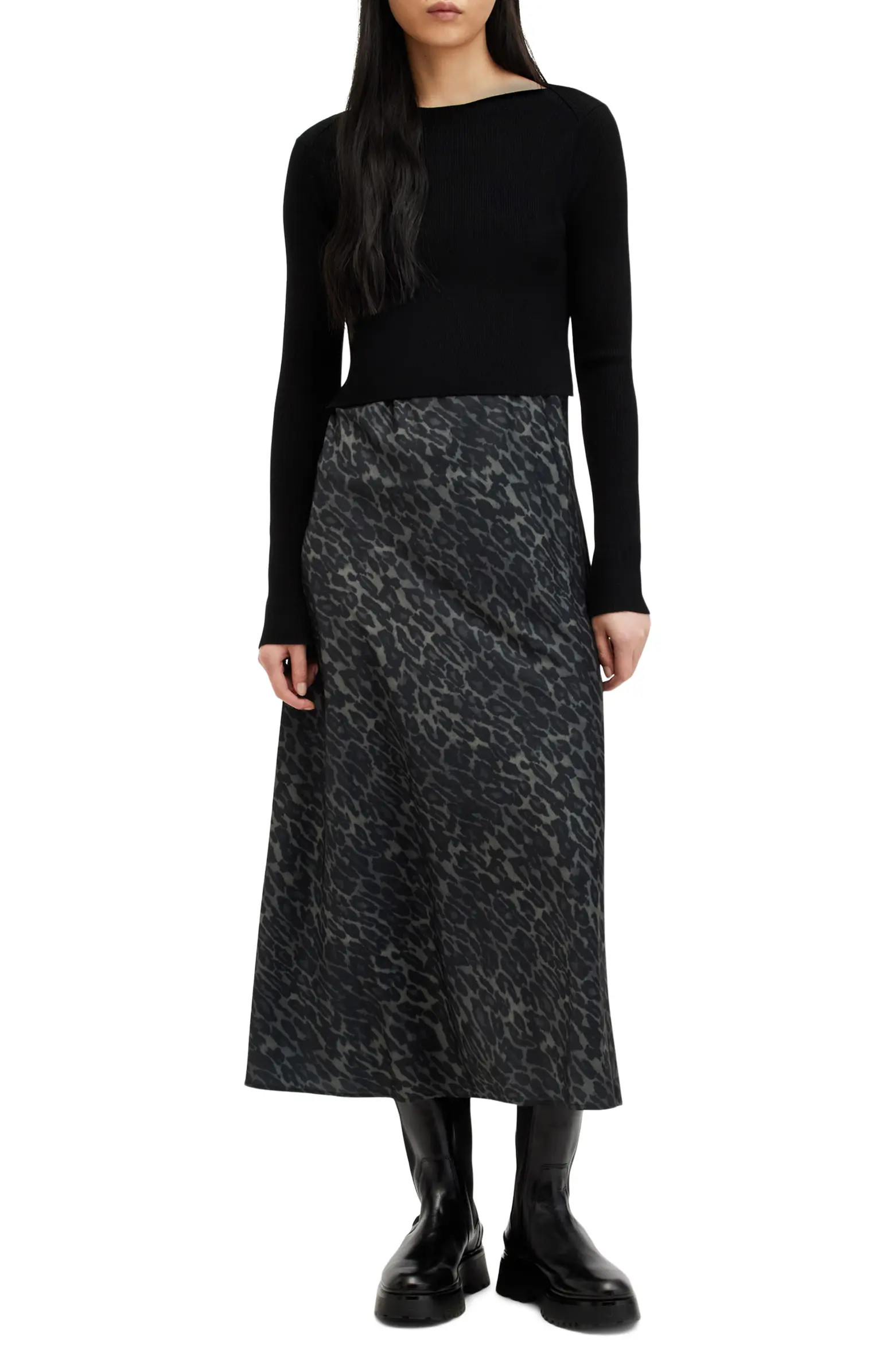 AllSaints Hera Two-Piece Crop Rib Sweater & Satin Slipdress | Nordstrom | Nordstrom