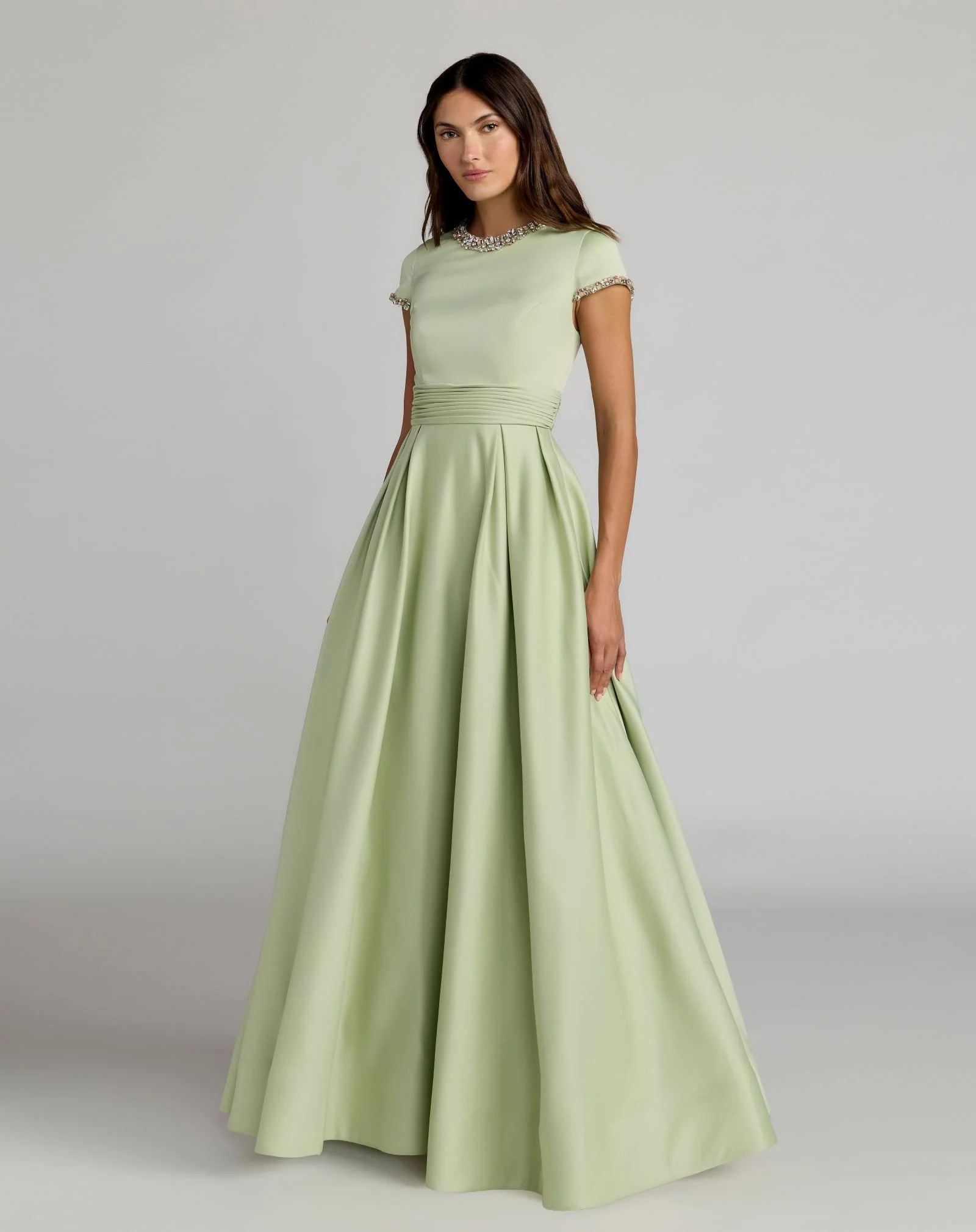 Green Embellished Satin Cap Sleeve Ball Gown | Mac Duggal