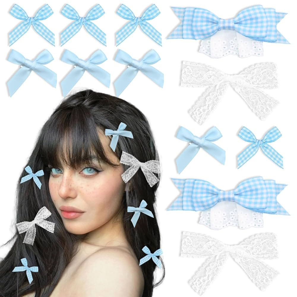 12PCS Blue Bow Hair Clips Cute Gingham Hair Bows 4 Styles Mini Plaid Bows for Hair Coquette Lace ... | Amazon (US)