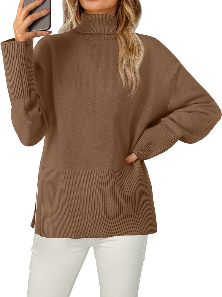 ZESICA Women's 2023 Fall Sweaters Turtleneck Long Sleeve Oversized Split Hem Knitted Tunic Pullov... | Amazon (US)