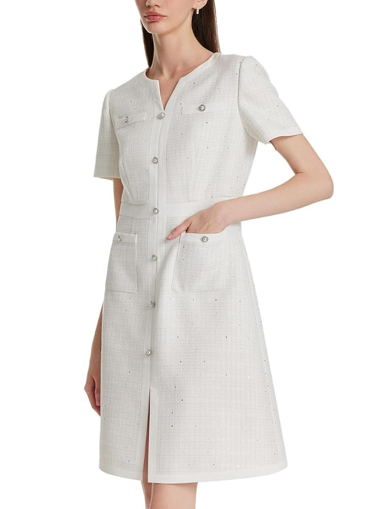 Summer Tweed Dresses for Women Short Sleeve A-Line Mini Crew Neck Lace Elegant Dress Casual Daily | Amazon (US)