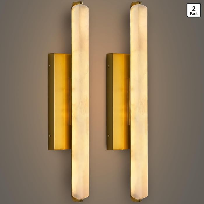 Alabaster Wall Sconces Set of Two, 25" Brass Alabaster Sconce, Spanish Natural Marble Bathroom Va... | Amazon (US)