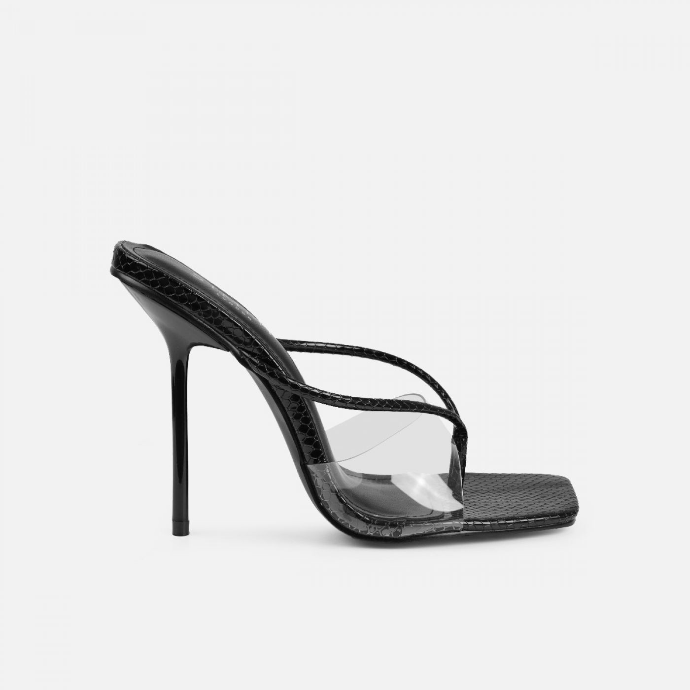 Chita Black Faux Snake Print Clear Toe Thong Mules | Simmi Shoes