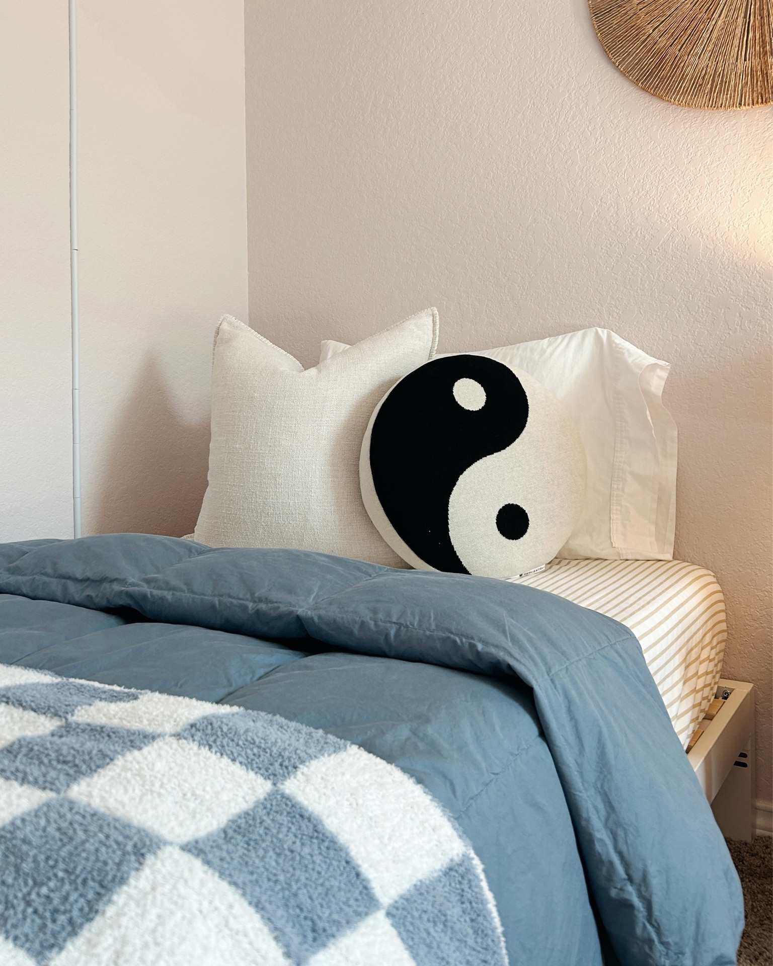 Boy’s bedding!
Everything linked is exactly what we have with exception to the yin yang pillow-I found ours at TJMaxx but linked something similar from Walmart! The linen pillow is an old Home Goods find. 🖤
(Not linking our bed frame because I wouldn’t recommend it-the mattress slides right off 🙄)