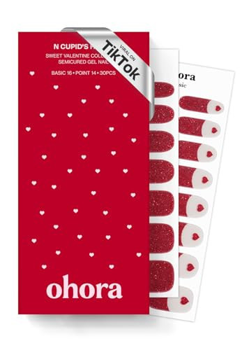 ohora Semi Cured Gel Nail Strips (N Cupid's Heart) - Red, Glitter, Works with Any UV/LED Lamps, Salon-Quality, Long Lasting, Easy to Apply & Remove - Includes 2 Prep Pads, Nail File & Wooden Stick | Amazon (US)