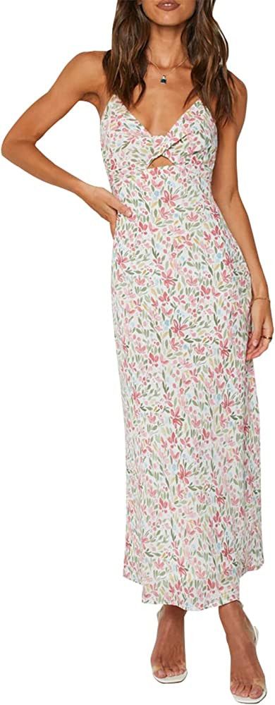 ZAFUL Women's Spaghetti Strap Floral Summer Hollow Twist Front Maxi Dresses Sexy Cutout V Neck Ba... | Amazon (US)