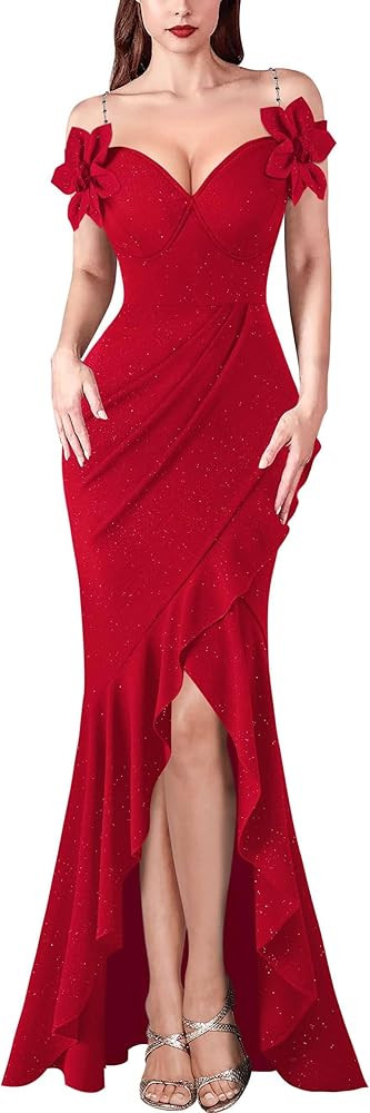 VFSHOW Womens Formal Spaghetti Strap Cold Shoulder Ruched Ruffle Slit Maxi Dress Sexy Sweetheart ... | Amazon (US)