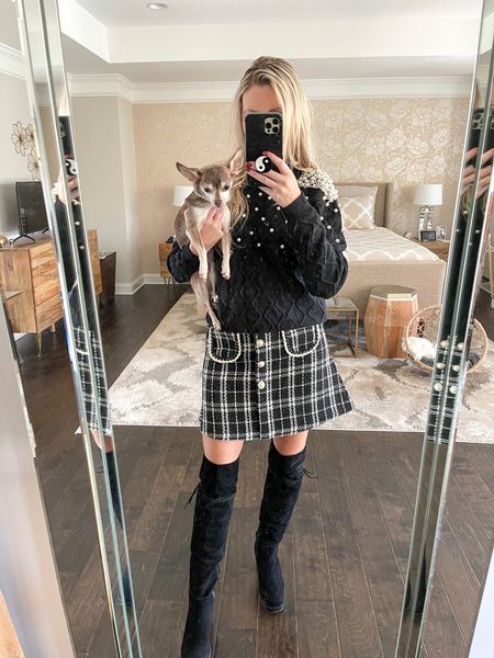 Pretty pearl details on this sweater! 

Fall outfit, plaid mini skirt, dog necklace, over the knee boots, Shein 

#LTKstyletip #LTKunder50 #LTKSeasonal