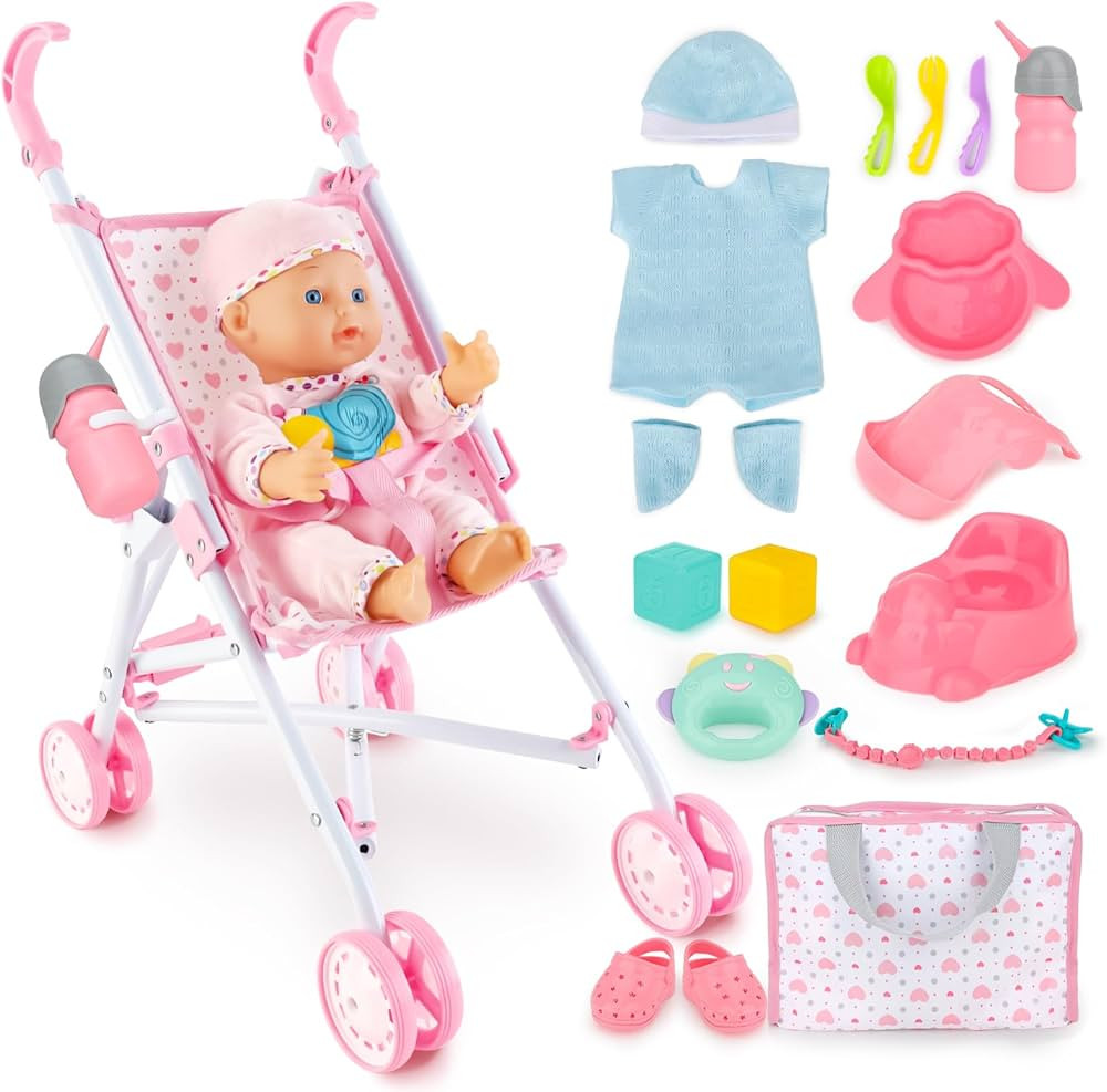 deAO Baby Doll Stroller Set with 13 inch Doll,Kids Play Stroller Toys,13" Baby Doll Set with Fold... | Amazon (US)