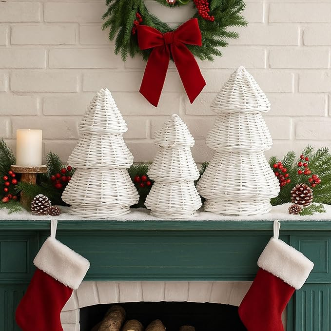 3 Pcs Morden Christmas Decor Woven Christmas Cone Tree Neutral Rattan Xmas Tabletop Centerpiece O... | Amazon (US)
