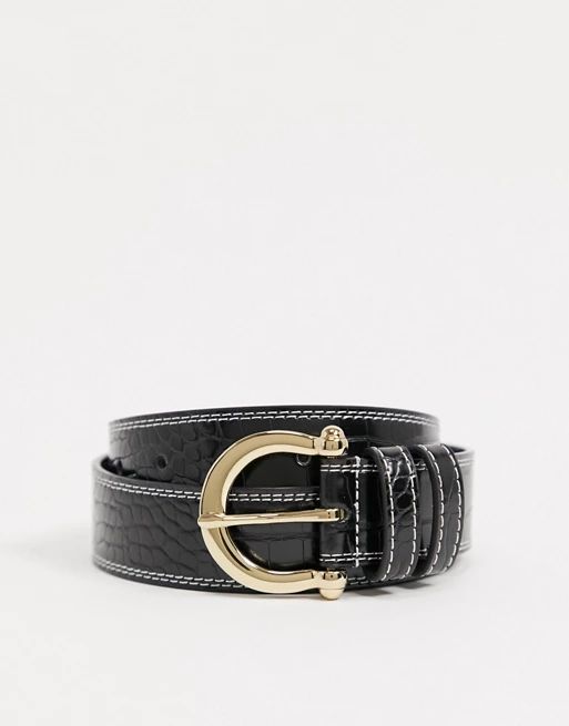 ASOS DESIGN vintage buckle waist and hip jeans belt with in shiny black croc with contrast stitch | ASOS (Global)