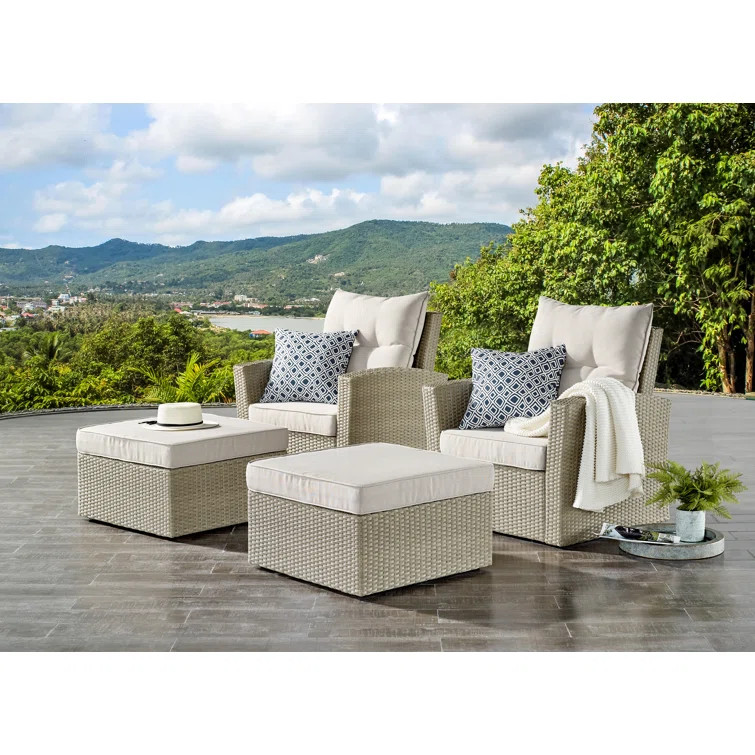 Pangkal Pinang 32"W All-Weather Wicker Outdoor Seating Set With Two Chairs and Two Ottomans | Wayfair North America