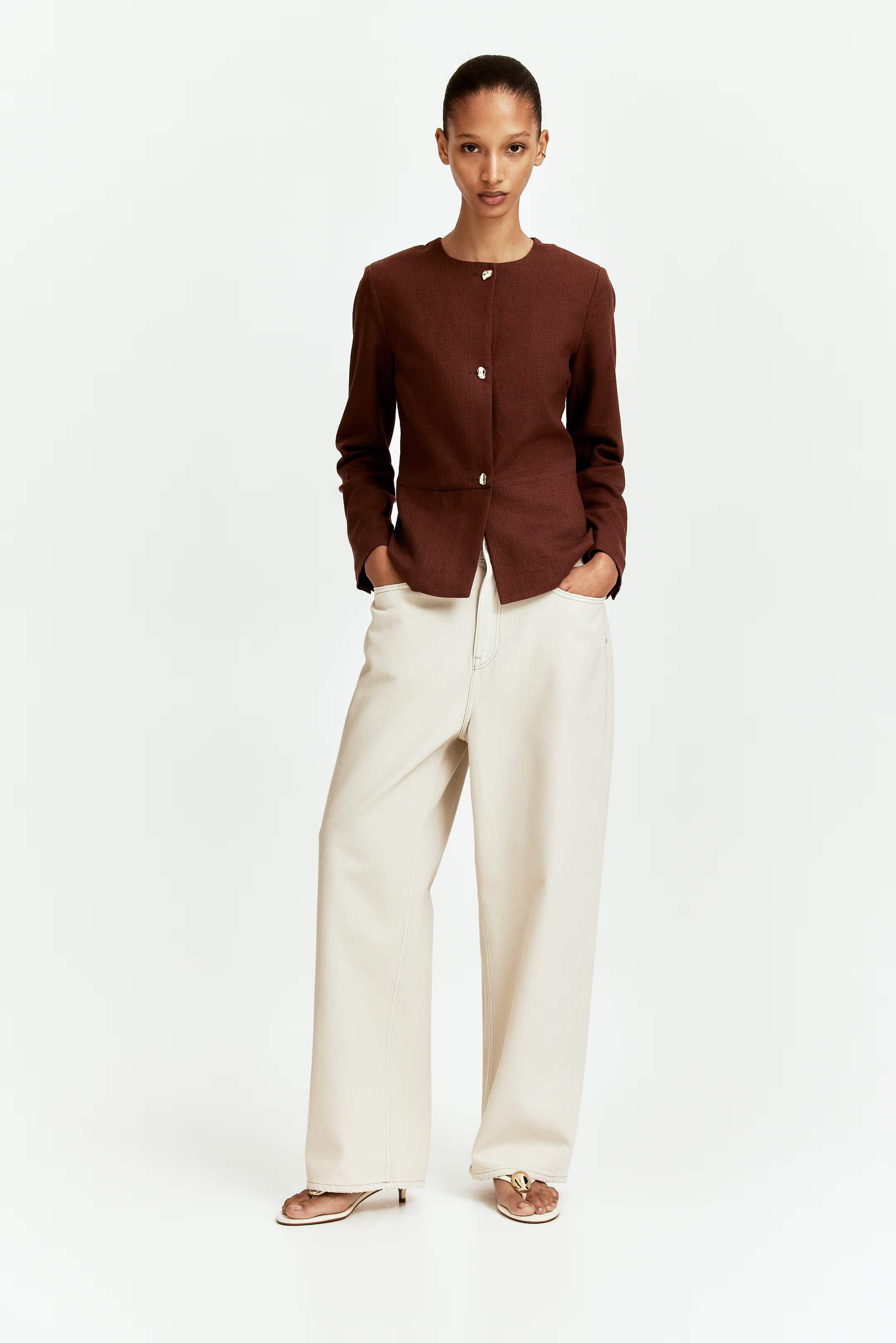 Linen-Blend Peplum Jacket - Dark brown - Ladies | H&M US | H&M (US + CA)
