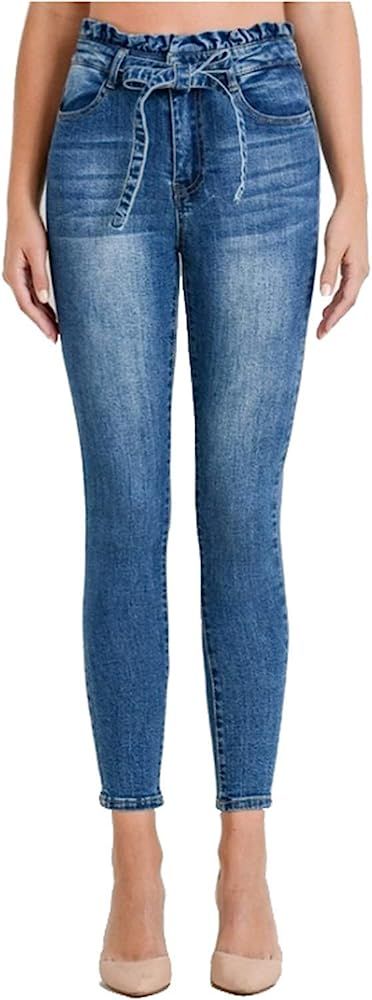 Khanomak Womens Paper Bag High Waist with Self Tie Belt Denim Skinny Jean Pants | Amazon (US)