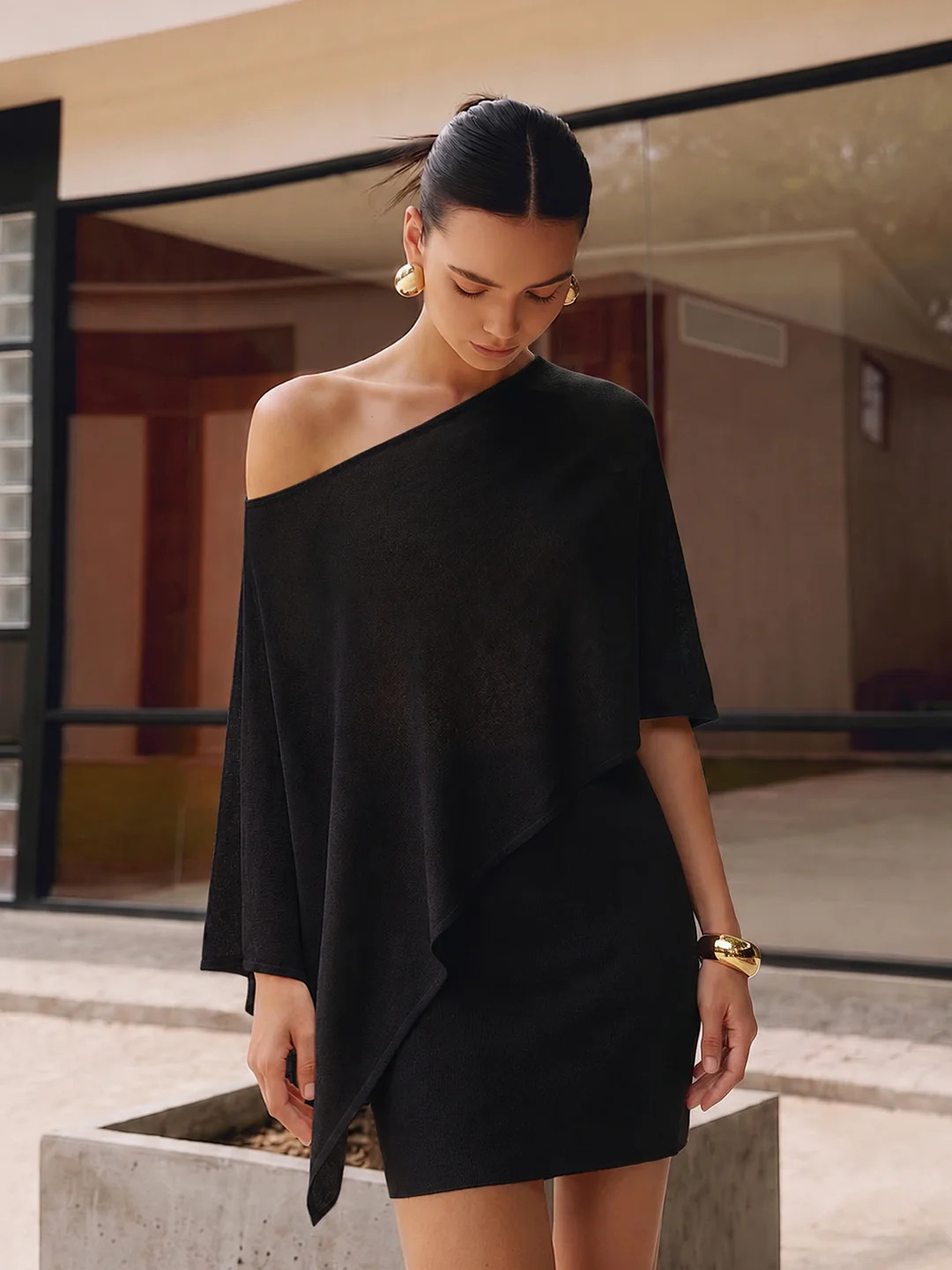 Asymmetric Knit Cape Top & Mini Skirt Set | Commense