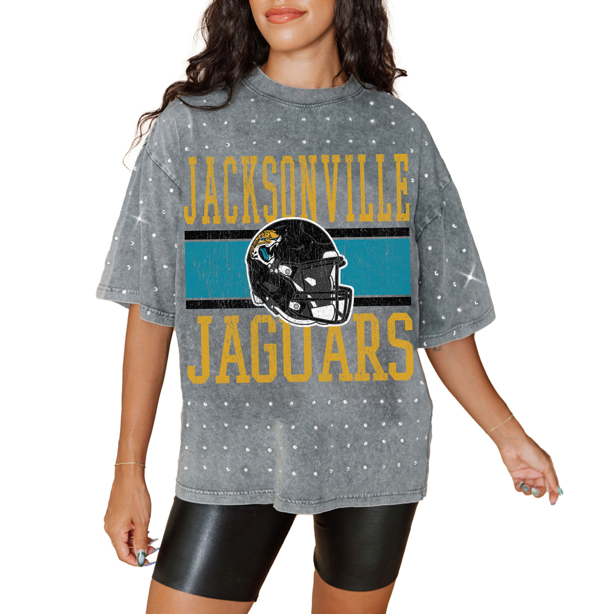 Women's Gameday Couture Gray Jacksonville Jaguars Oversized Mini Rhinestone Classic T-Shirt | Fanatics