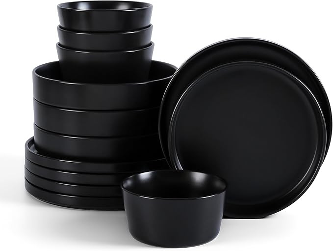 Stone Lain Celina Stoneware 12-Piece Dinnerware Set, Cereal and Pasta Bowls, Black, Coupe | Amazon (US)