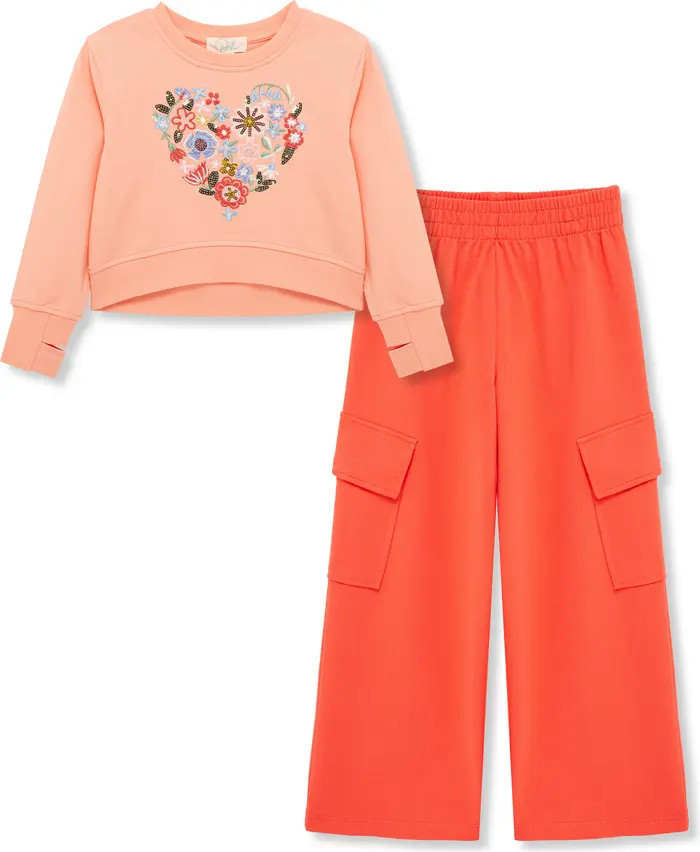 Peek Aren't You Curious Kids' Flower Embroidered Heart Sweatshirt & Knit Cargo Pants Set | Nordst... | Nordstrom