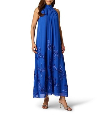 Adrianna Papell 3D Soutache Beaded Chiffon Halter Neck Midi Dress | Dillard's | Dillard's