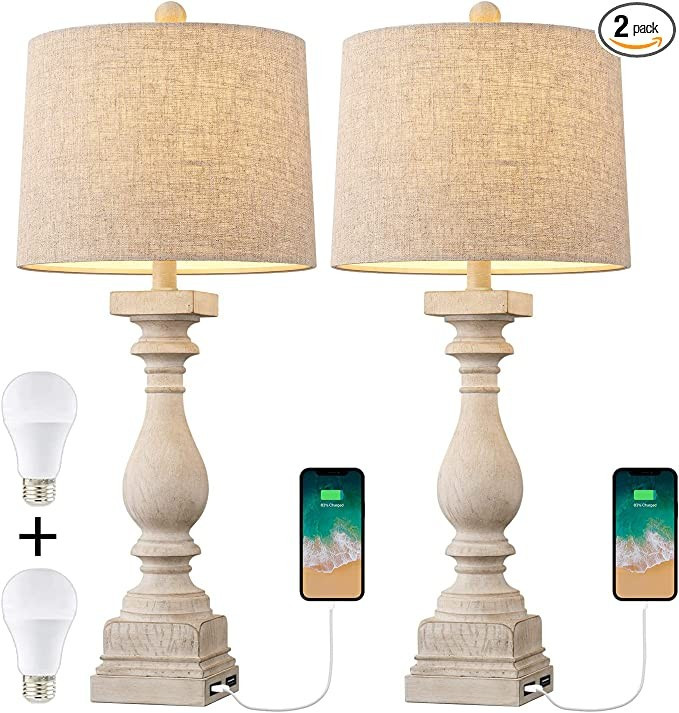 BOBOMOMO 27.75'' USB Table Lamp with 2 Charging Ports Set of 2 Antique Nightstand Lamp for Bedroo... | Amazon (US)