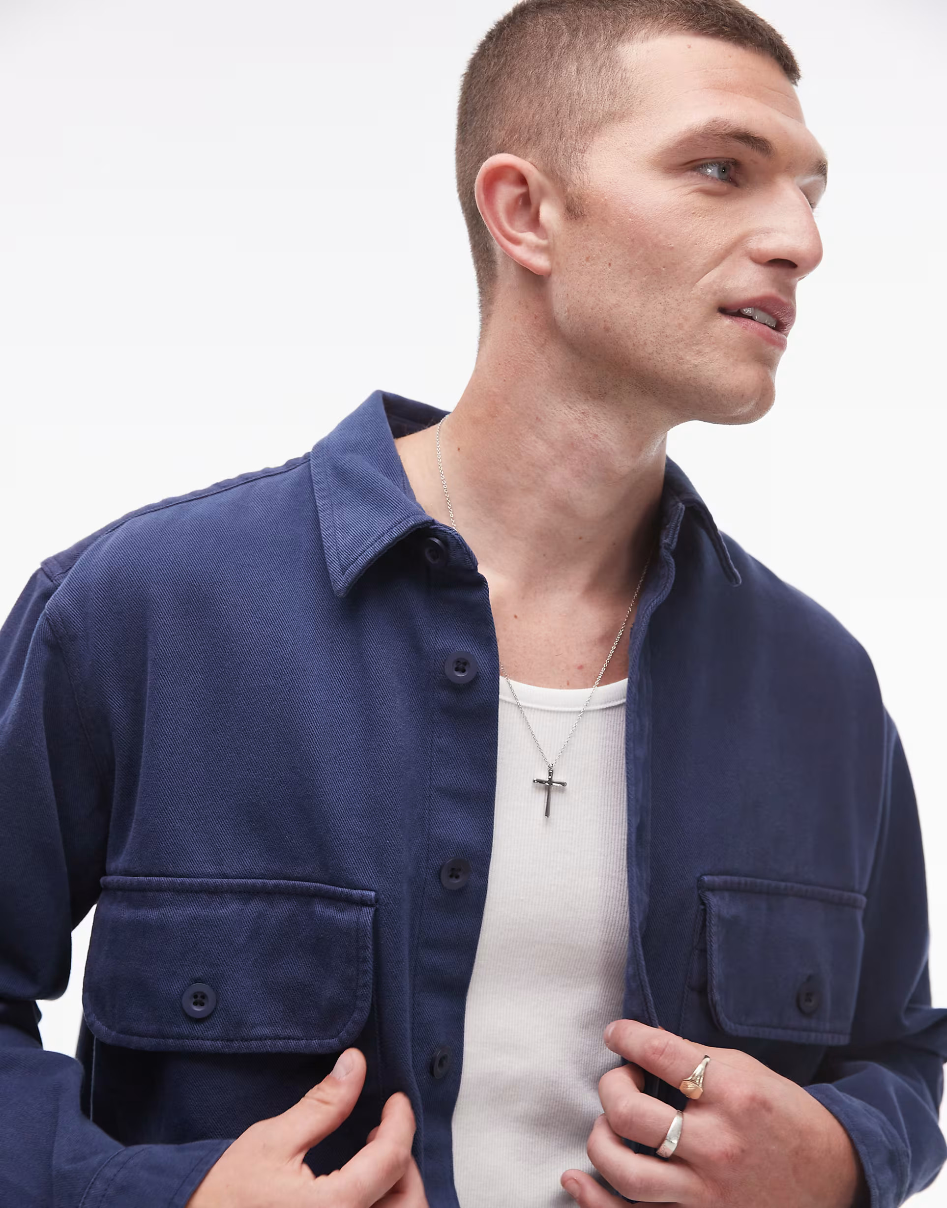Topman long sleeve oversized double pocket twill shirt in washed blue | ASOS (Global)