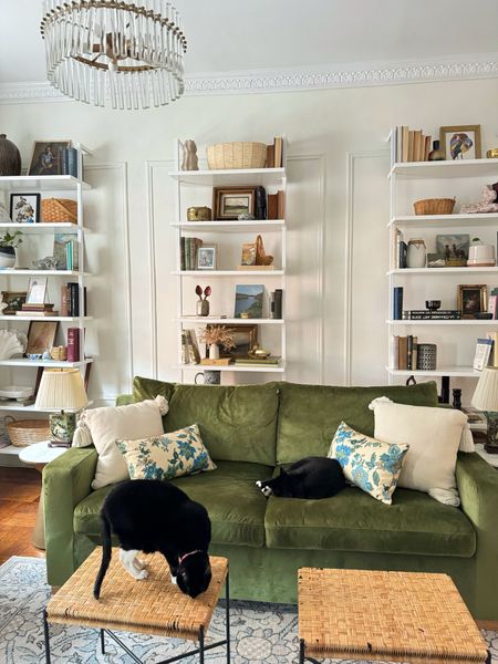 White bookcases, throw pillows, chandelier, crown molding

#LTKhome