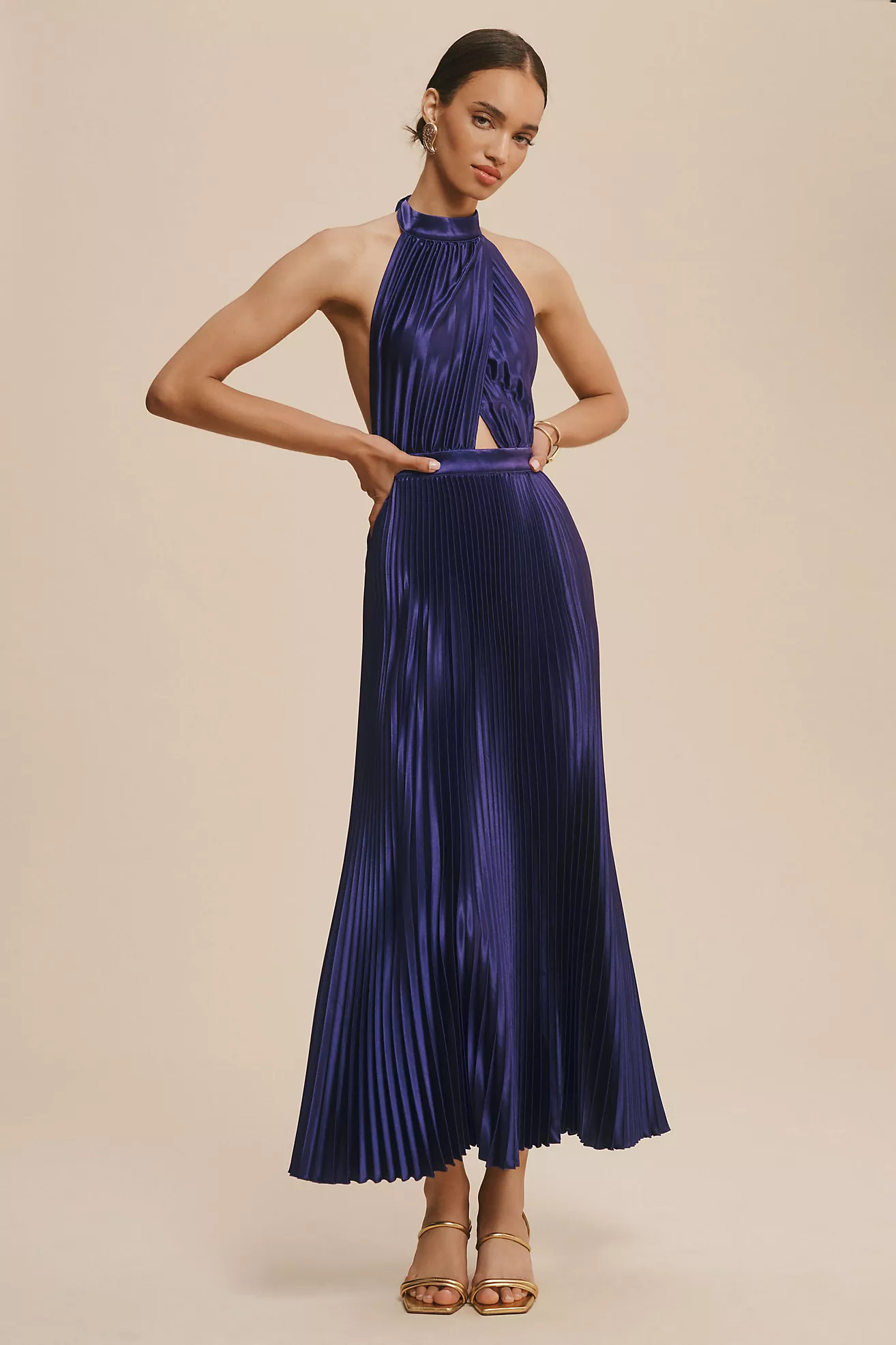 L'IDEE Renaissance Halter Side-Slit Pleated Maxi Dress | Anthropologie (US)
