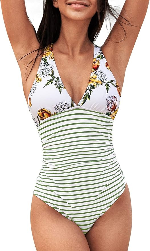 CUPSHE Women's One Piece Swimsuit V Neck Tummy Control Cross Back Vintage Swimwear Bathing Suits | Amazon (US)