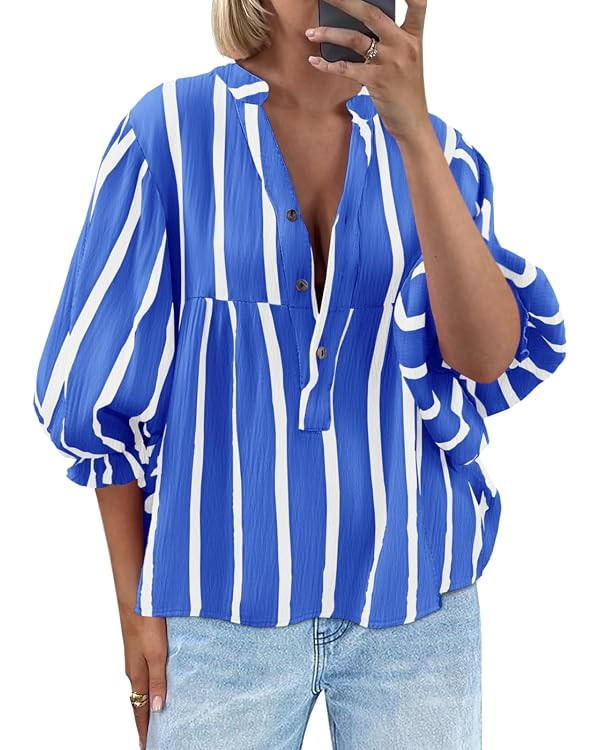 Tankaneo Womens Puff Sleeve Babydoll Tops Summer V Neck Striped Blouse Cute Casual Loose Fit Flow... | Amazon (US)