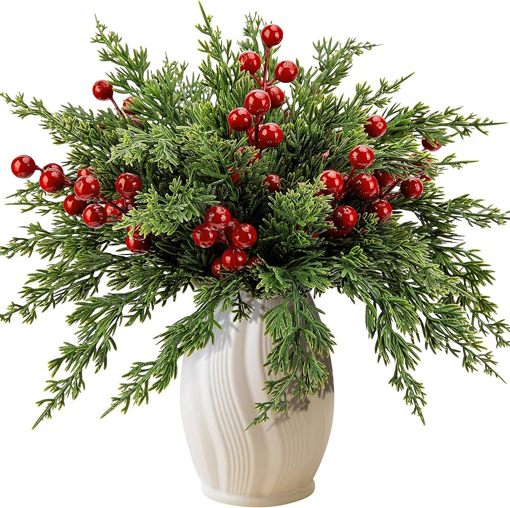 Watayo 45 Pcs Christmas Artificial Pine Branches with Red Berry Stems- 10.5" Faux Evergreen Norfo... | Amazon (US)