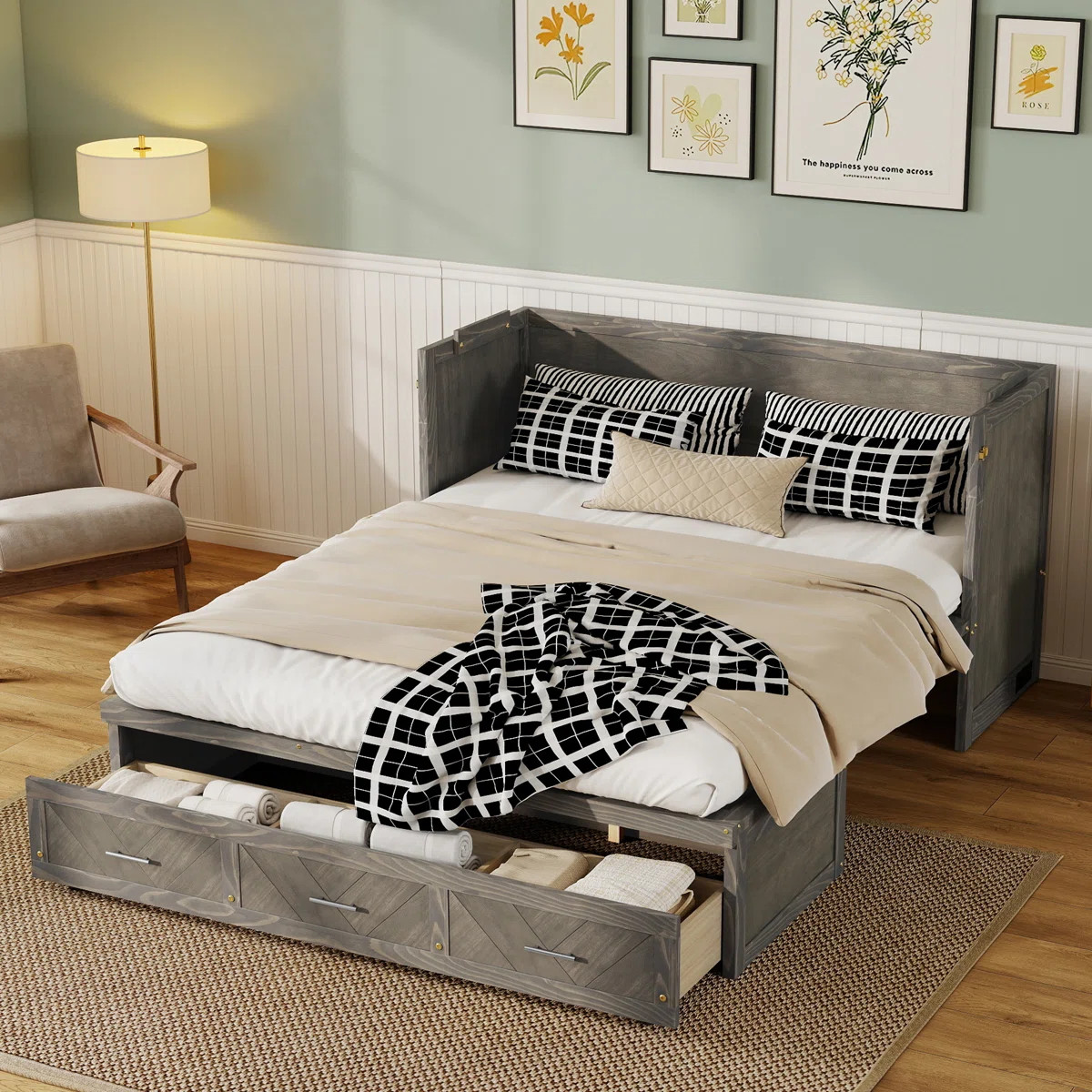 Queen Size Pine Wood Murphy Cabinet Bed with Built-in USB Charging and Geometric Panel – Grey | Wayfair North America