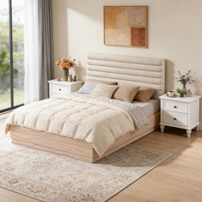 Queen Wood Bed Frame With Boucle Fabric Upholstered Headboard | Wayfair North America