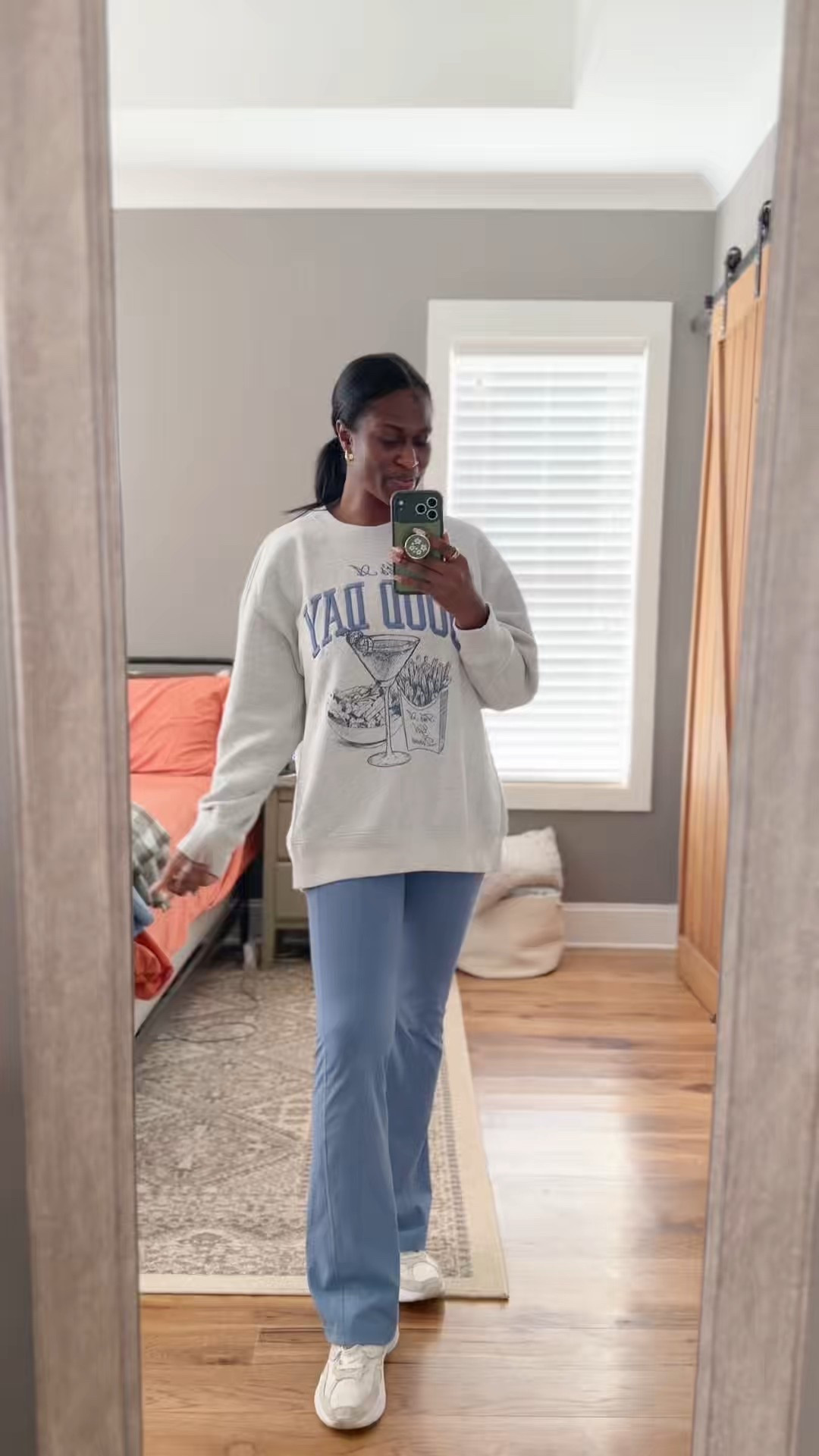 Happy Friday! Comfy and cute outfit for running errands. Oversized crew neck sweatshirt from Abercrombie & Fitch (size L), flared leggings or yoga pants from Fabletics (size M Tall), and Nike sneakers (size 9).

#LTKootd #LTKTall #LTKmomlife