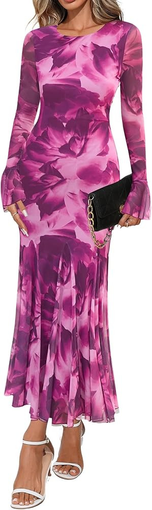 Lazysmile Women's Long Sleeve Floral Maxi Dresses Fall Formal Crewneck Bodycon Mesh Ruffle Weddin... | Amazon (US)
