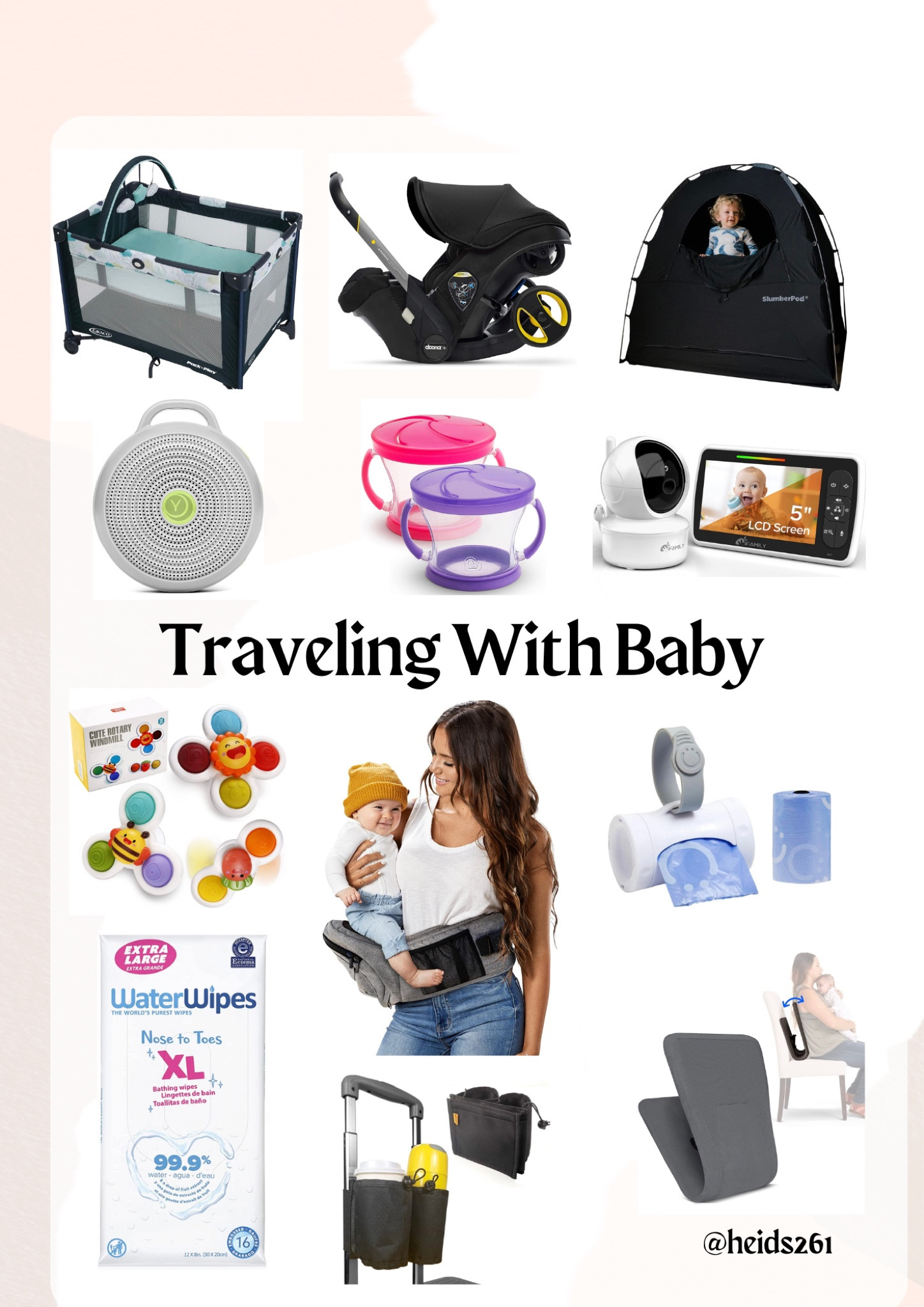Top baby products I use when traveling with baby 

Graco Pack N Play
Doona Car Seat & Stroller 
SlumberPod (goes over pack n play)
Portable White Noise Machine 
Snack Cups 
Baby Camera and Monitor 
Spinner Toys (great for window seats)
TushBaby Carrier (sit Blake on carrier through airport)
On the Go Diaper Bags 
XL Water Wipes
Suitcase Cup Holder (great for holding bottles on the go)
Portable Rocking Chair 

#LTKtravel #LTKbaby