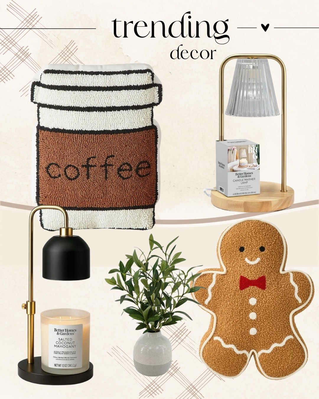✨ TRENDING DECOR FINDS ✨
Cozy, budget-friendly home decor that’s blowing up right now! 🤎 From coffee bar decor to gingerbread holiday accents, candle warmer lamps, and neutral faux greenery, these pieces are must-haves for anyone wanting a warm + modern home this season.

I linked everything for you — perfect for kitchen decor, entryway styling, holiday home updates, cozy aesthetic lovers, neutral home vibes, modern farmhouse decor, Walmart home finds, Amazon home favorites, and more.

🛒 Tap to shop all décor finds
☕️ Cozy | Modern | Affordable | Neutral

#LTKhome #LTKholiday #LTKfinds #cozydecor #homedecorinspo #neutraldecor #holidayhomestyle #candlewarmerlamp #coffeehomedecor #gingerbreaddecor #walmarthome #amazonhomefinds #budgetfriendlydecor

#LTKHoliday #LTKFindsUnder50 #LTKHome