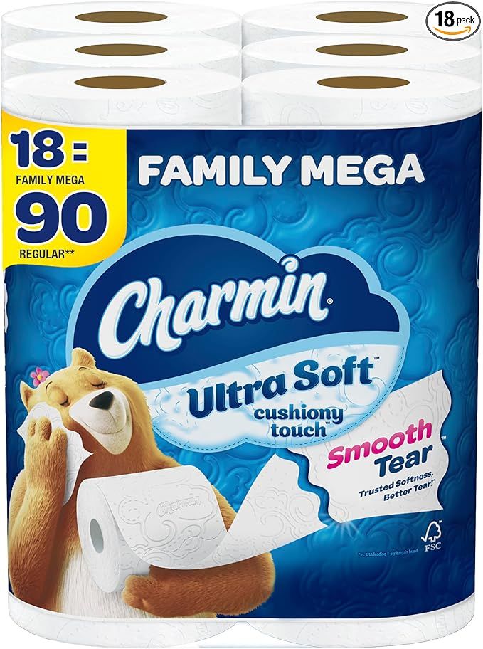 Charmin Toilet Paper Ultra Soft Cushiony Touch, 18 Family Mega Rolls = 90 Regular Rolls | Amazon (US)