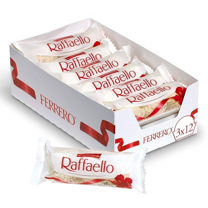 Ferrero Raffaello Almond Coconut Valentine's Day Candy, 3 Count, Pack of 12 Individually Wrapped ... | Amazon (US)