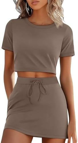 Neer Women's 2 Piece Short Skirt Sets 95% Cotton Cropped Round Neck Loose T Shirts and Athletic Skort Summer Casual Outfits | Amazon (US)