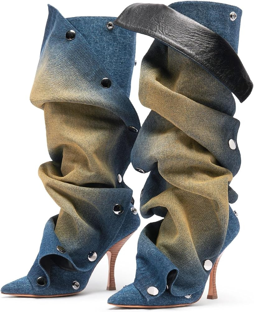 Women's High Heel Knee High Boots Sexy Pointed Toe Back Zipper Ruched Slouchy Stiletto Heel Tall ... | Amazon (US)