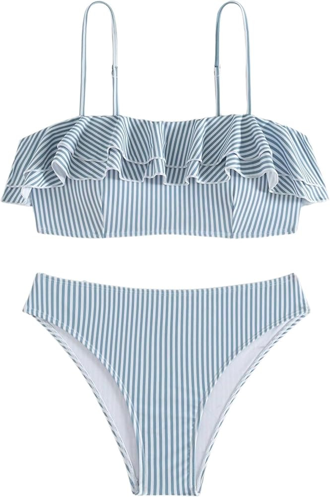 OYOANGLE Women's 2 Piece Beachwear Striped Layered Ruffle High Waisted Bikini Set | Amazon (US)