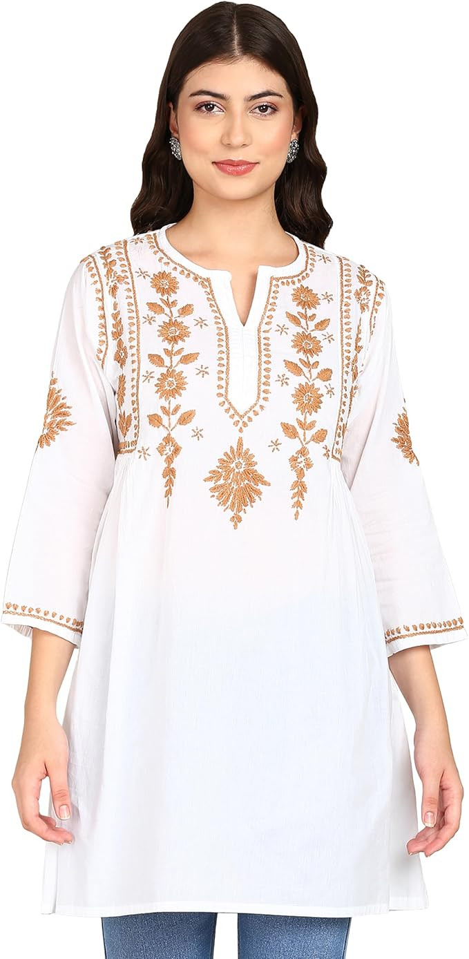 Vahson Women White and Brown Chikankari Hand Embroidered Pure Cotton A-Line Kurti | Amazon (US)