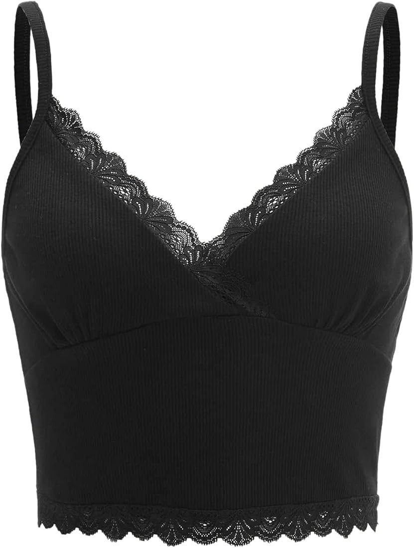MakeMeChic Women's Y2K Lace Trim V Neck Sleeveless Cami Crop Top Camisole | Amazon (US)