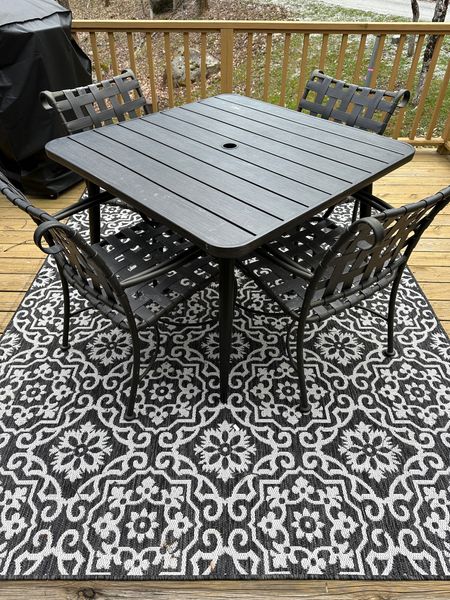Black patterned outdoor rug and patio dining set.

@wayfair #wayfair #ltkxwayfair

#LTKstyletip #LTKSeasonal #LTKhome