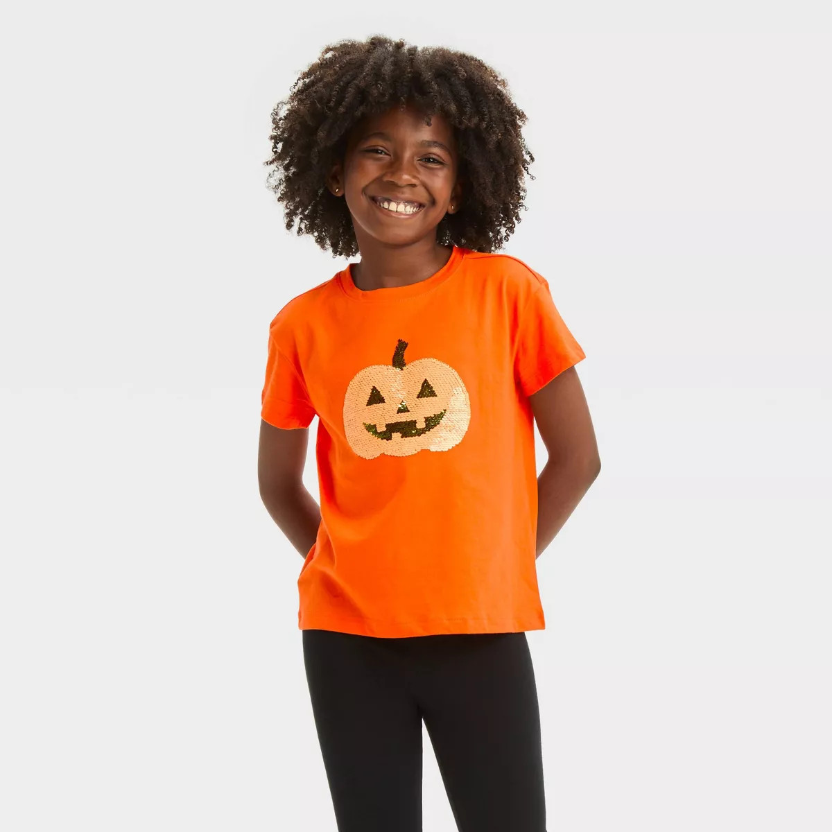 Girls' 'Pumpkin' Halloween Flip Sequin Short Sleeve T-Shirt - Cat & Jack™ Orange | Target